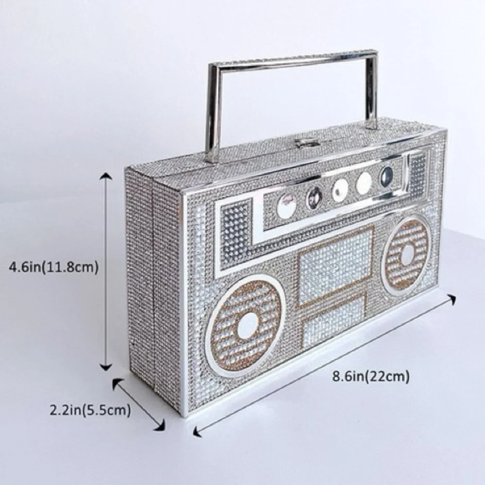 Boombox Clutch Silver Gem Purse Y2K Festival Vegas Bachelorette Statement Bag